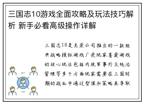 三国志10游戏全面攻略及玩法技巧解析 新手必看高级操作详解